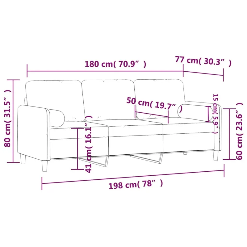 Trivietė sofa su pagalvėlėmis, juodos spalvos, 180cm, aksomas