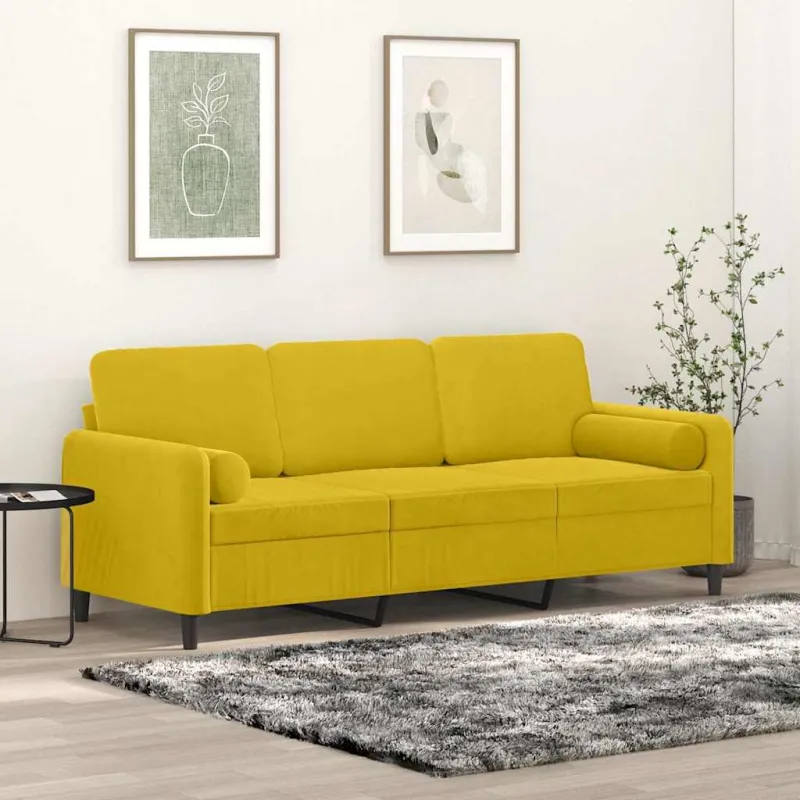 Trivietė sofa su pagalvėlėmis, geltonos spalvos, 180cm, aksomas