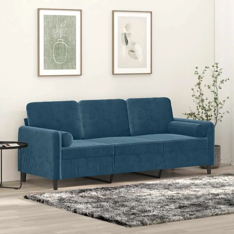 Trivietė sofa su pagalvėlėmis, mėlynos spalvos, 180cm, aksomas