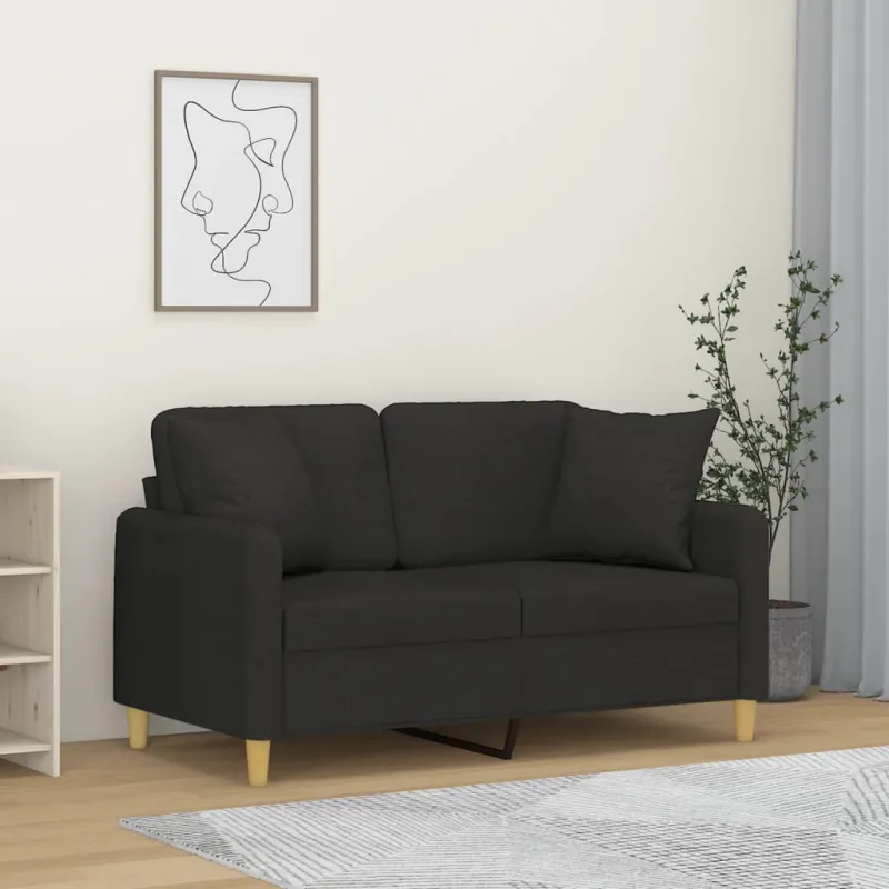Dvivietė sofa su pagalvėlėmis, juodos spalvos, 120cm, audinys