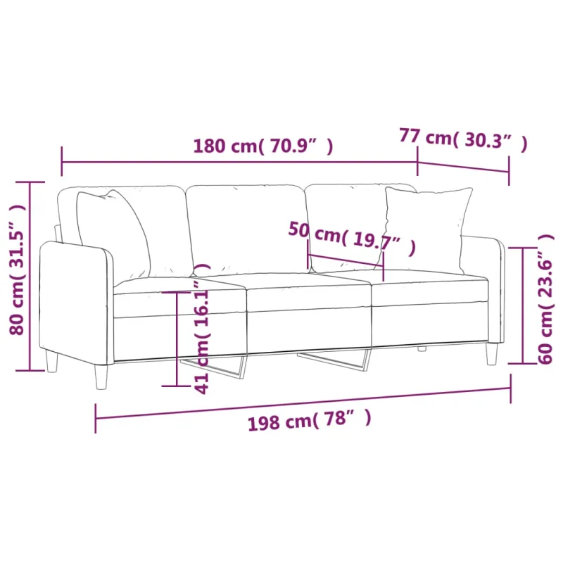 Trivietė sofa su pagalvėlėmis, rudos spalvos, 180cm, audinys