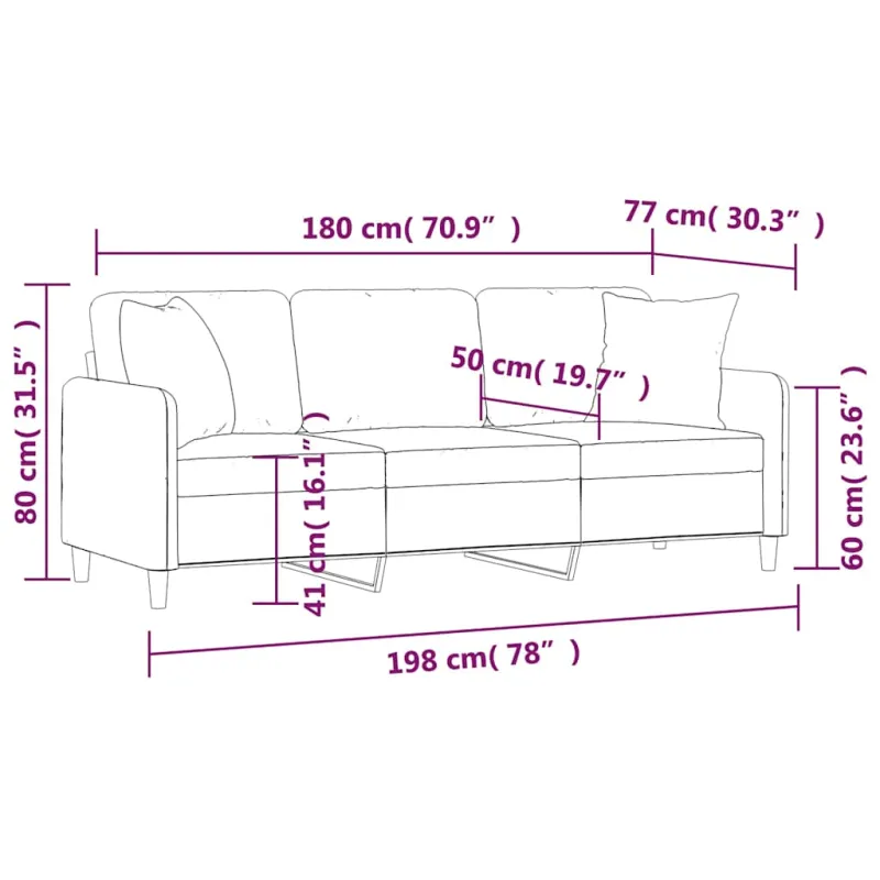 Trivietė sofa su pagalvėlėmis, juodos spalvos, 180cm, audinys