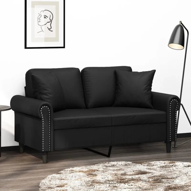 Dvivietė sofa su pagalvėlėmis, juoda, 120cm, dirbtinė oda