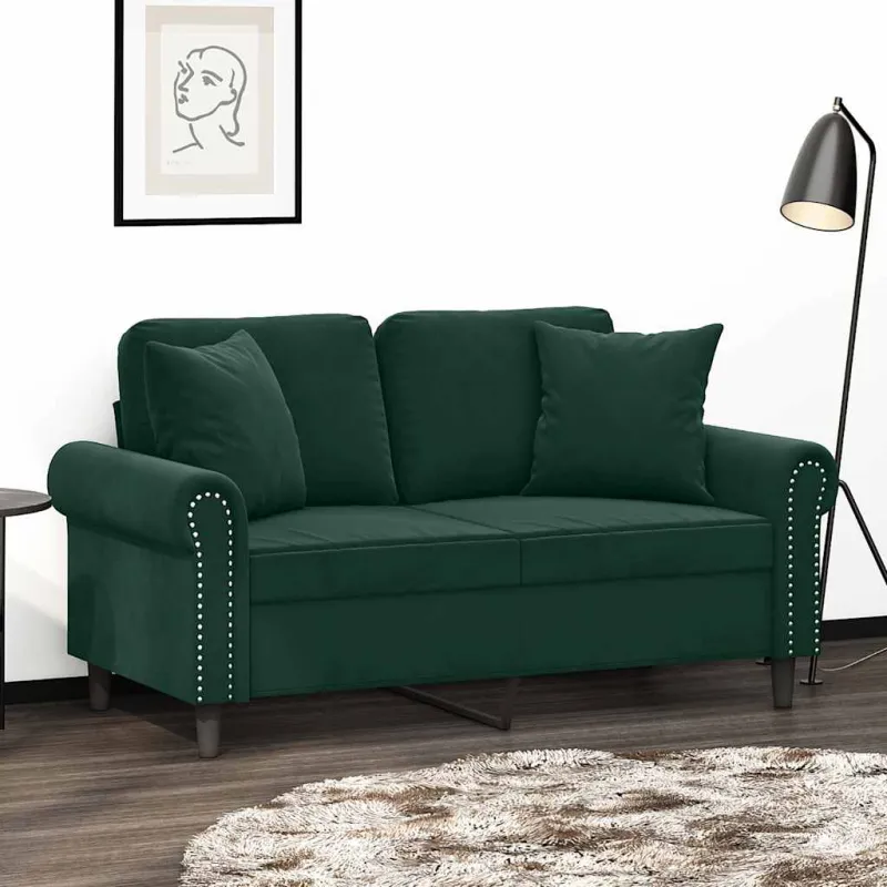 Dvivietė sofa su pagalvėlėmis, tamsiai žalia, 120cm, aksomas