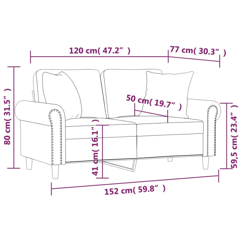 Dvivietė sofa su pagalvėlėmis, rožinės spalvos, 120cm, aksomas