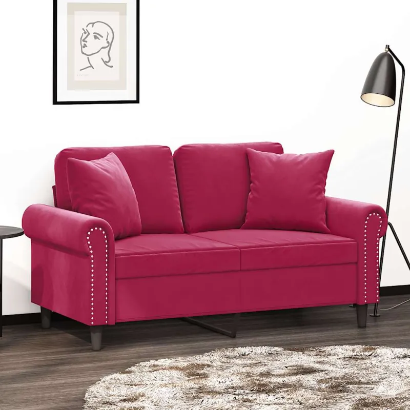 Dvivietė sofa su pagalvėlėmis, raudonojo vyno, 120cm, aksomas