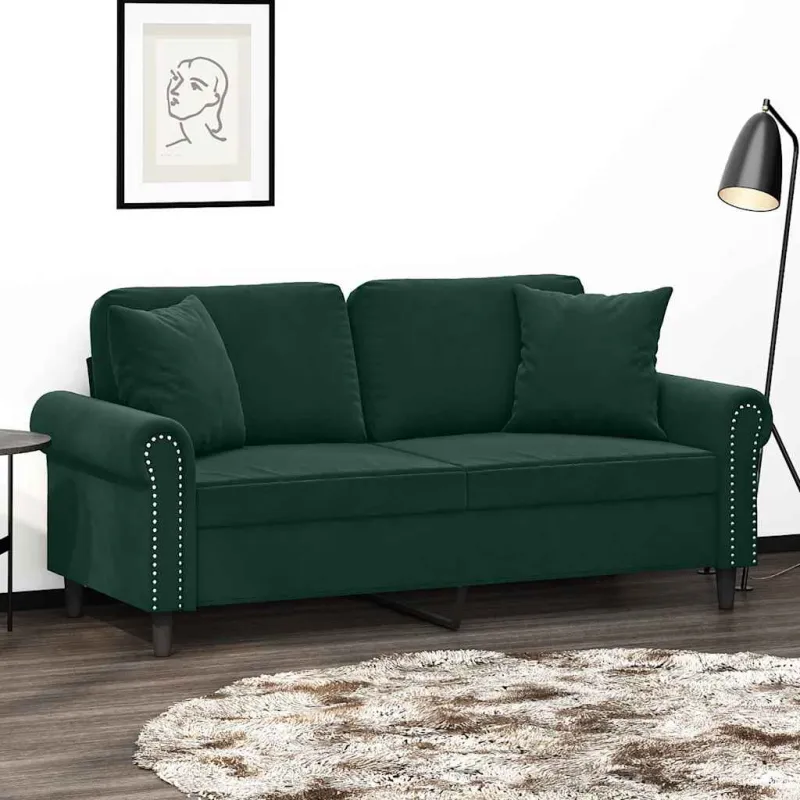 Dvivietė sofa su pagalvėlėmis, tamsiai žalia, 140cm, aksomas