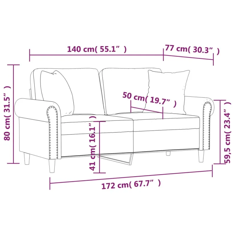 Dvivietė sofa su pagalvėlėmis, rožinės spalvos, 140cm, aksomas
