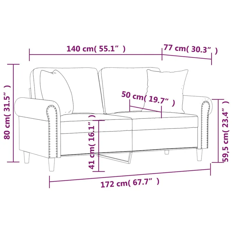 Dvivietė sofa su pagalvėlėmis, raudonojo vyno, 140cm, aksomas