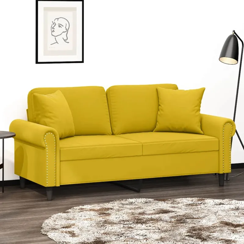 Dvivietė sofa su pagalvėlėmis, geltonos spalvos, 140cm, aksomas