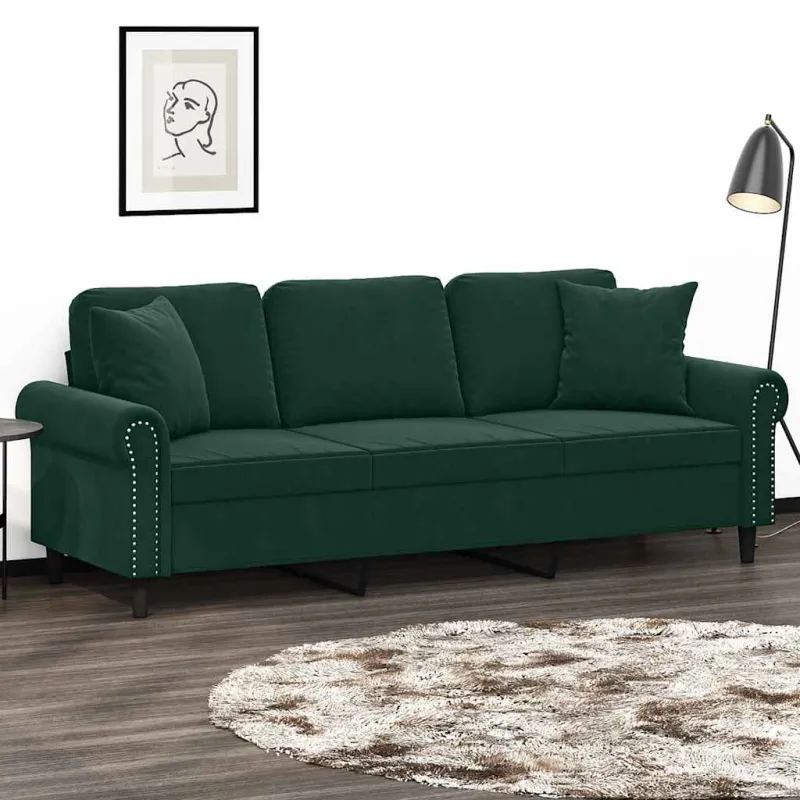 Trivietė sofa su pagalvėlėmis, tamsiai žalia, 180cm, aksomas