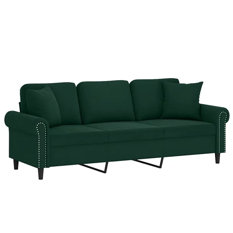 Trivietė sofa su pagalvėlėmis, tamsiai žalia, 180cm, aksomas