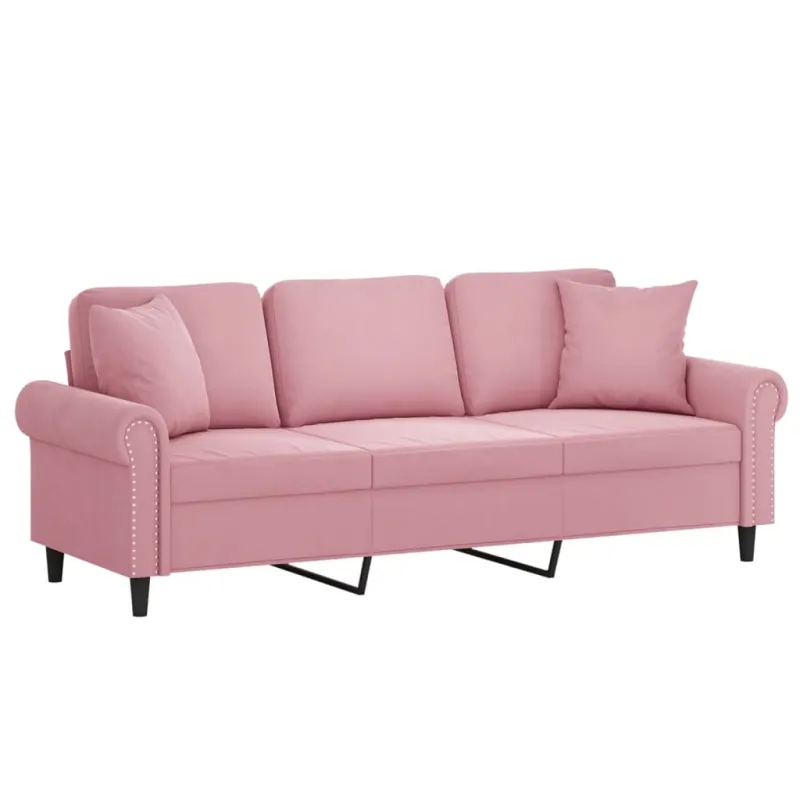 Trivietė sofa su pagalvėlėmis, rožinės spalvos, 180cm, aksomas