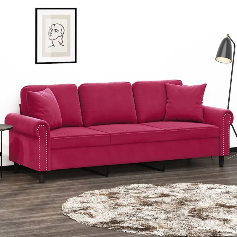 Trivietė sofa su pagalvėlėmis, raudonojo vyno, 180cm, aksomas