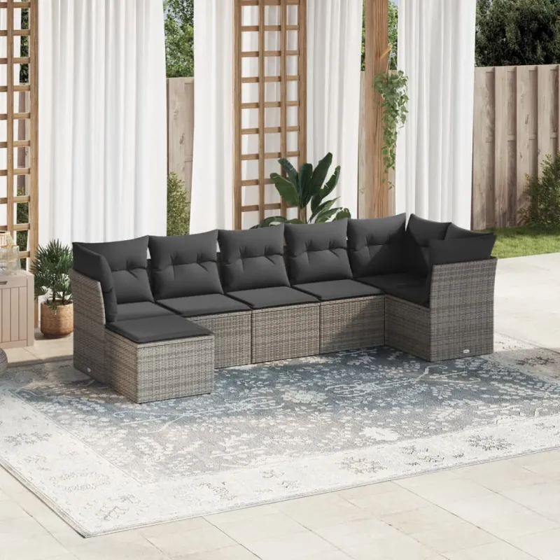 Sofos komplekti, 7 osaa, harmaa, polyrattana, tyynyillä