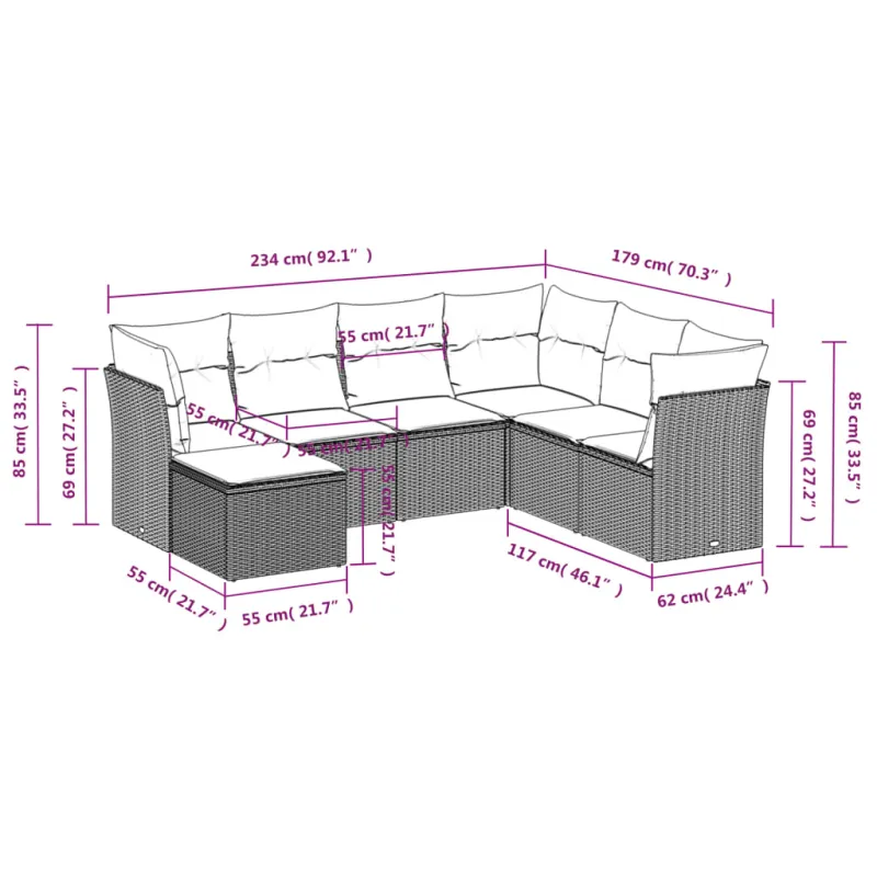 Sofos komplekti, 7 osaa, harmaa, polyrottinki, sisältää tyynyt