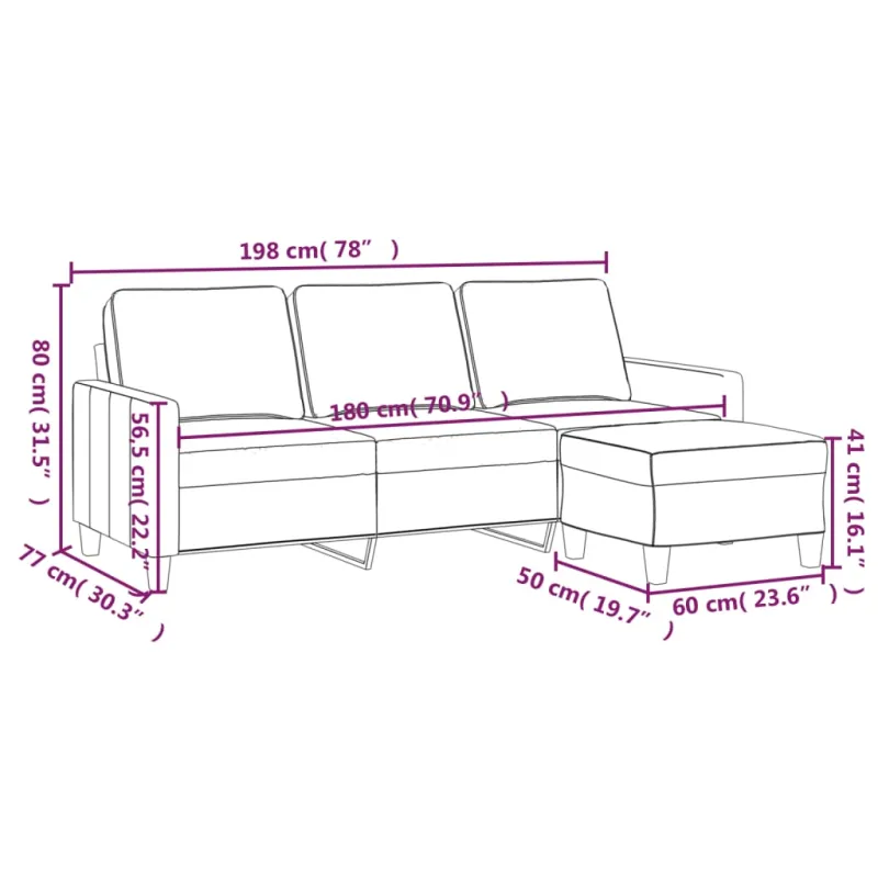 Trivietė sofa su pakoja, šviesiai pilka, 180cm, audinys