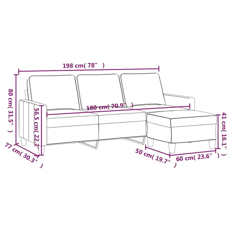 Trivietė sofa su pakoja, juodos spalvos, 180cm, audinys