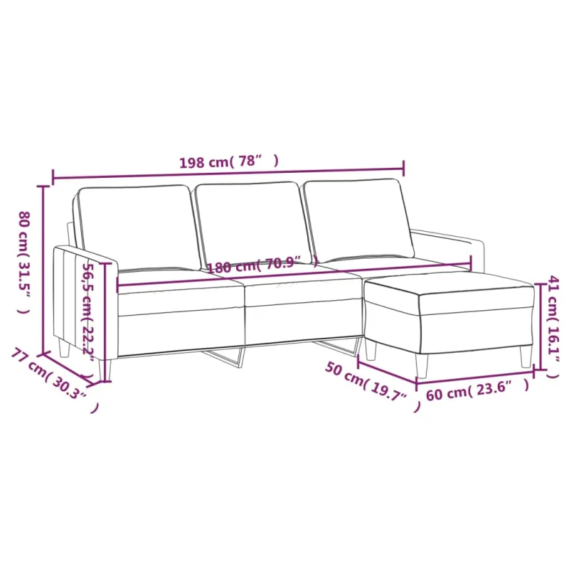 Trivietė sofa su pakoja, rožinės spalvos, 180cm, aksomas