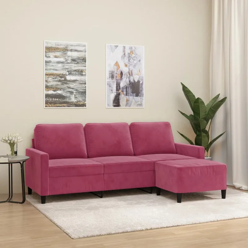 Trivietė sofa su pakoja, raudonojo vyno spalvos, 180cm, aksomas