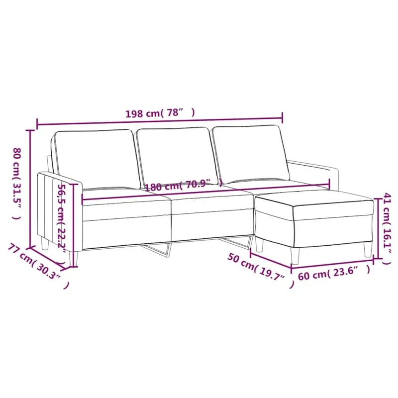 Trivietė sofa su pakoja, kreminės spalvos, 180cm, aksomas