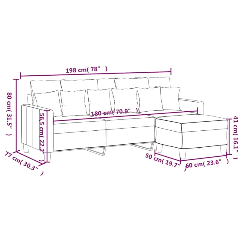 Trivietė sofa su pakoja, juodos spalvos, 180cm, audinys