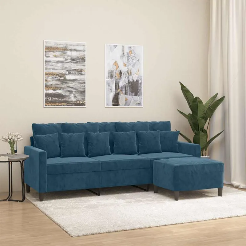Trivietė sofa su pakoja, mėlynos spalvos, 180cm, aksomas