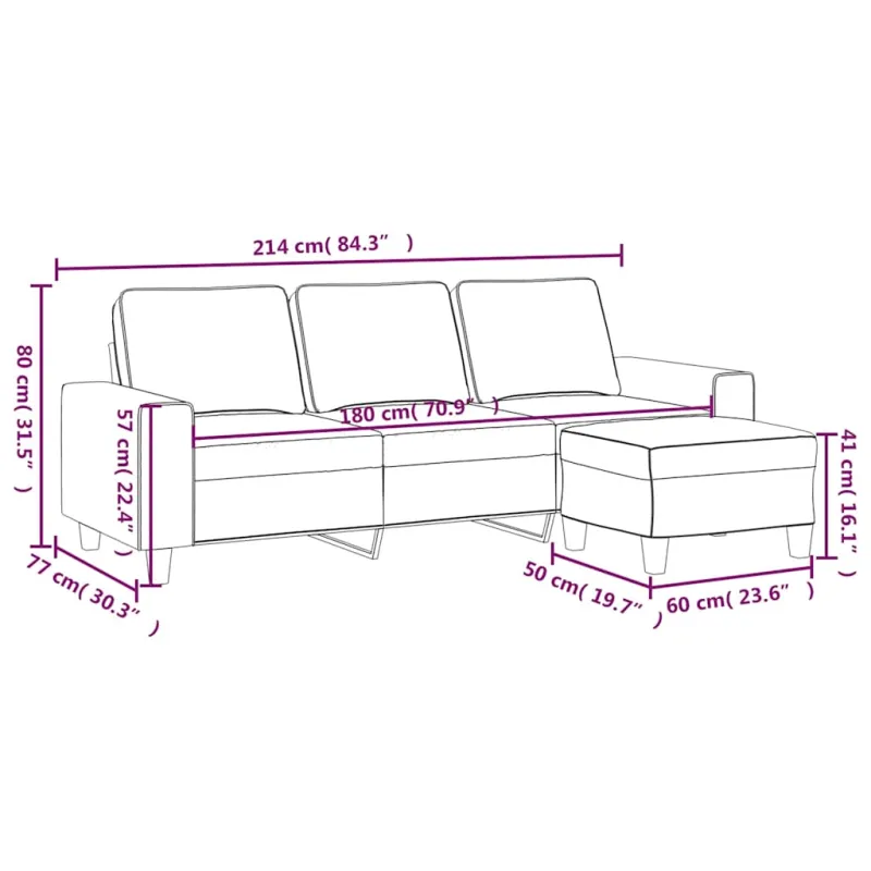 Trivietė sofa su pakoja, juodos spalvos, 180cm, audinys