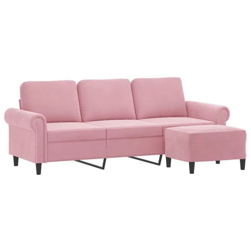 Trivietė sofa su pakoja, rožinės spalvos, 180cm, aksomas