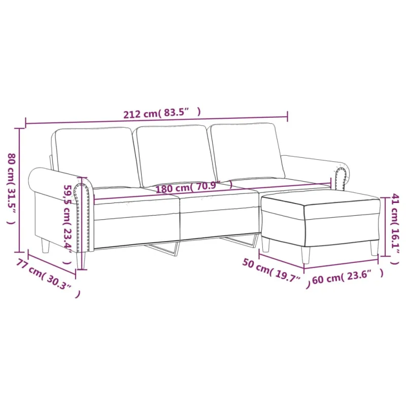 Trivietė sofa su pakoja, rožinės spalvos, 180cm, aksomas