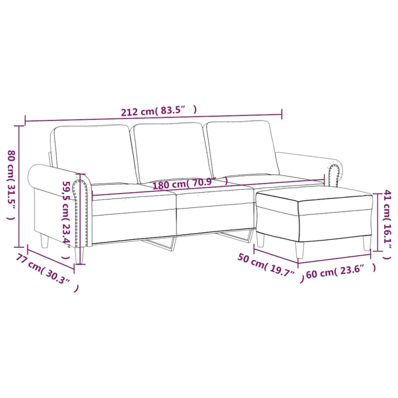 Trivietė sofa su pakoja, juodos spalvos, 180cm, aksomas
