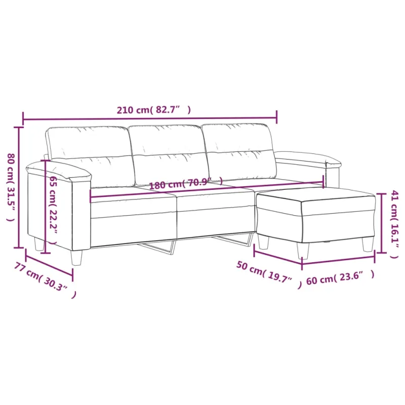 Trivietė sofa su pakoja, kreminė, 180cm, mikropluošto audinys