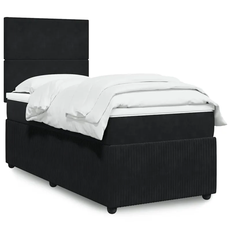 Lova su spyruoklėmis ir čiužiniu, juoda, 90x200 cm, aksomas