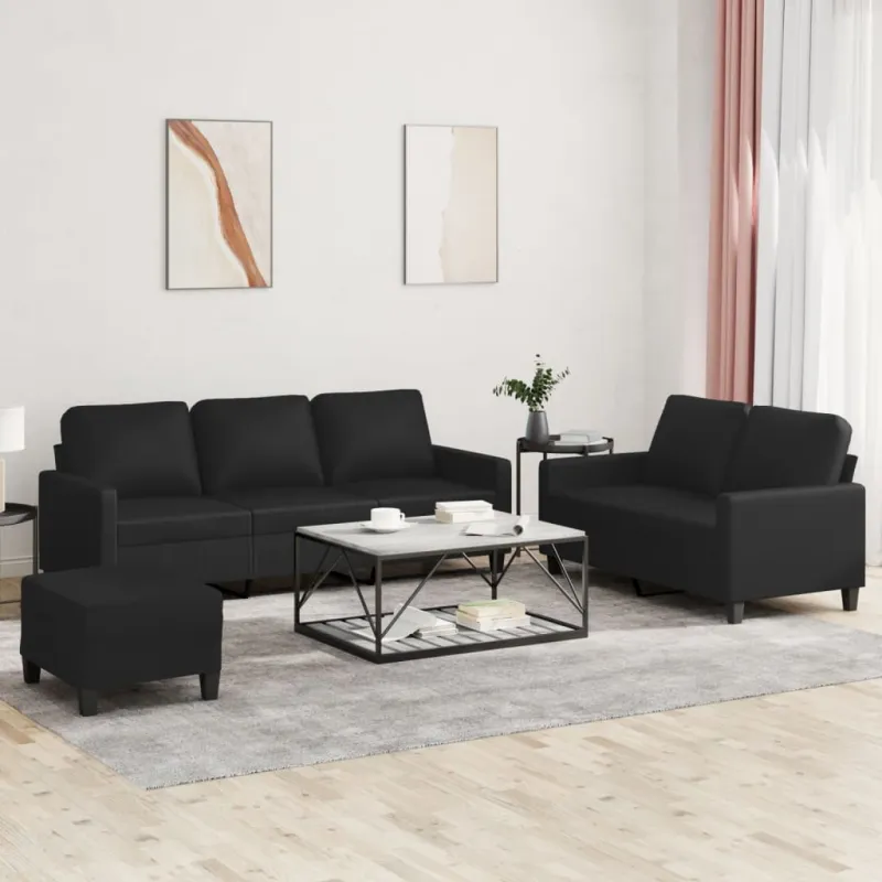 Sofos komplektas su pagalvėlėmis, 3 dalių, juodas, dirbtinė oda