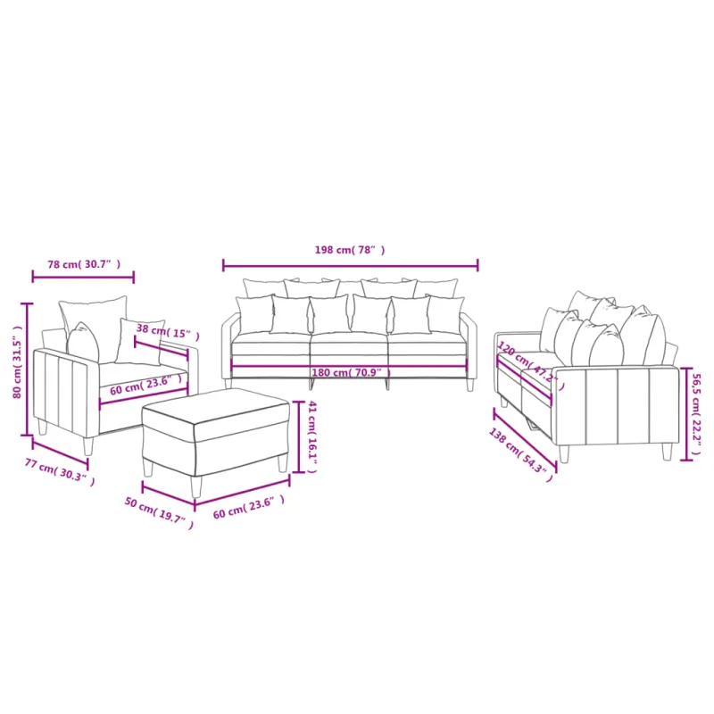 Sofos komplektas su pagalvėlėmis, 4 dalių, rožinis, aksomas