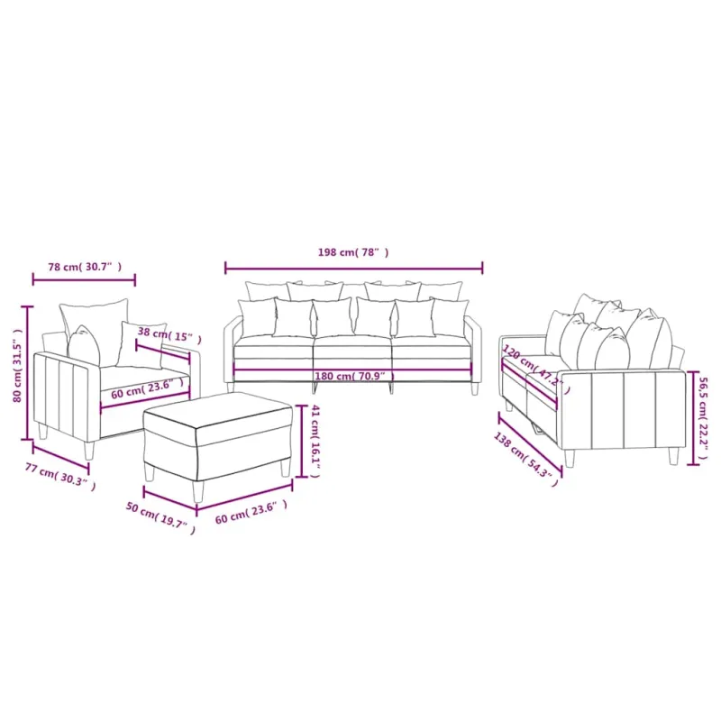 Sofos komplektas su pagalvėlėmis, 4 dalių, kreminis, aksomas