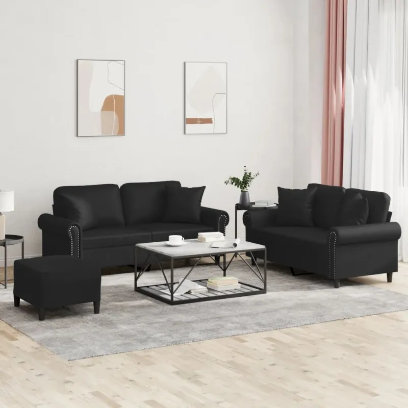 Sofos komplektas su pagalvėmis, 3 dalių, juodas, dirbtinė oda