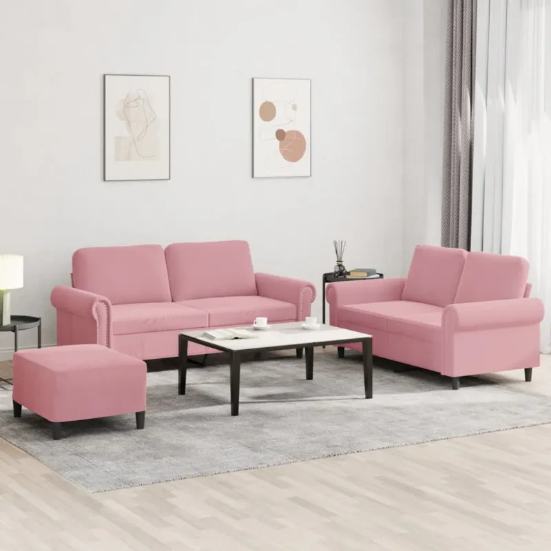 Sofos komplektas su pagalvėlėmis, 3 dalių, rožinis, aksomas