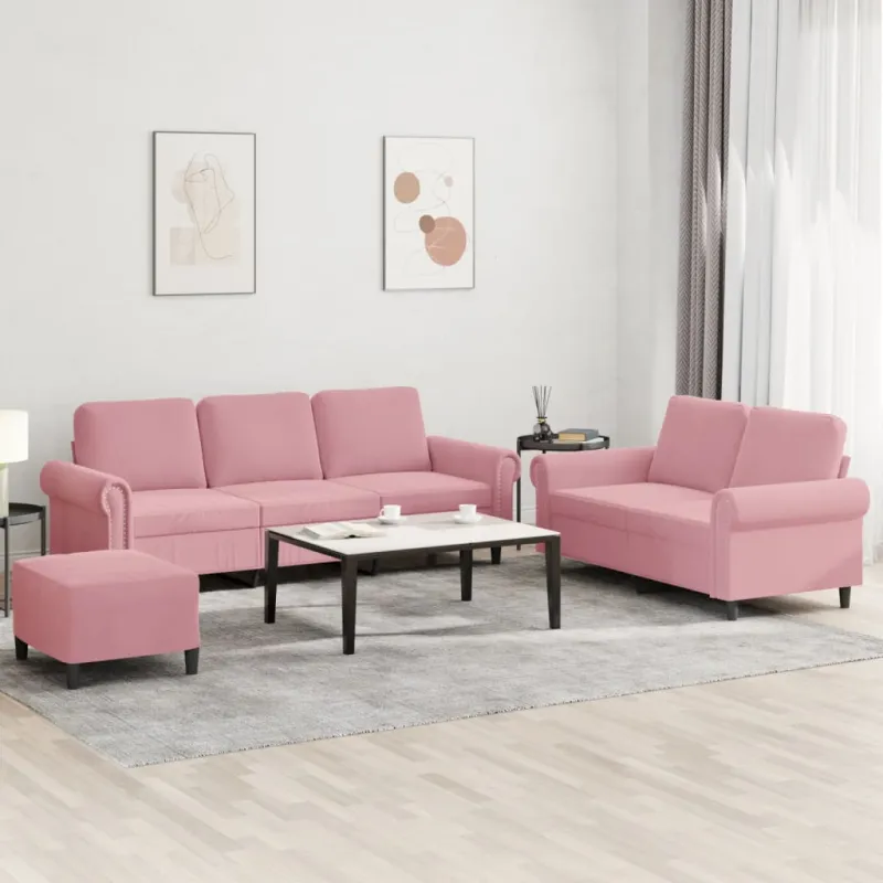 Sofos komplektas su pagalvėlėmis, 3 dalių, rožinis, aksomas