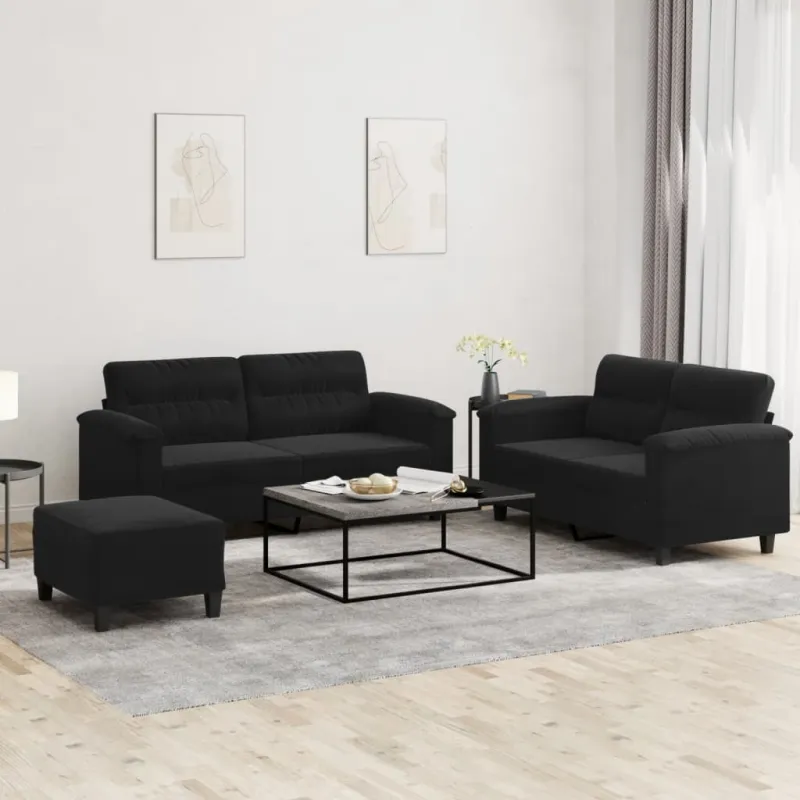Sofos komplektas su pagalvėlėmis, 3 dalių, juodas, audinys