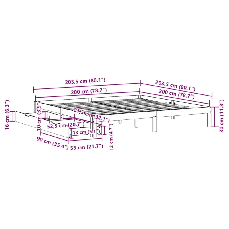 Lovos rėmas su stalčiais, 200x200cm, pušies medienos masyvas