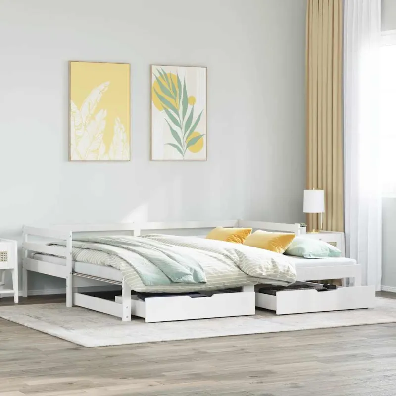 Lova su stalčiais, balta, 90x200cm, pušies medienos masyvas