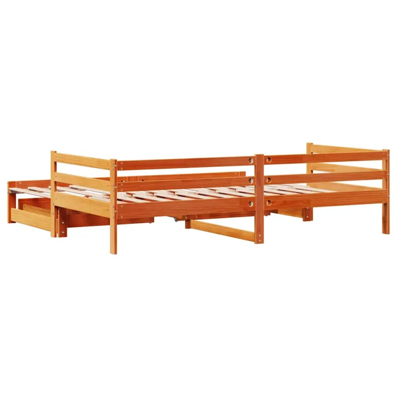 Lova su ištraukiama dalimi ir stalčiais, ruda, 90x200cm, pušis