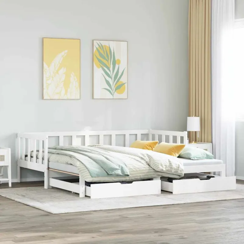Lova su ištraukiama dalimi/stalčiais be čiužinio balta 90x200cm