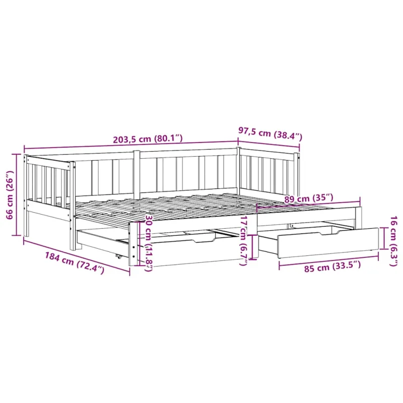 Lova su ištraukiama dalimi/stalčiais be čiužinio balta 90x200cm