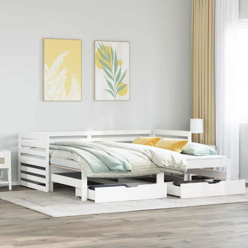 Lova su stalčiais, balta, 90x200cm, pušies medienos masyvas