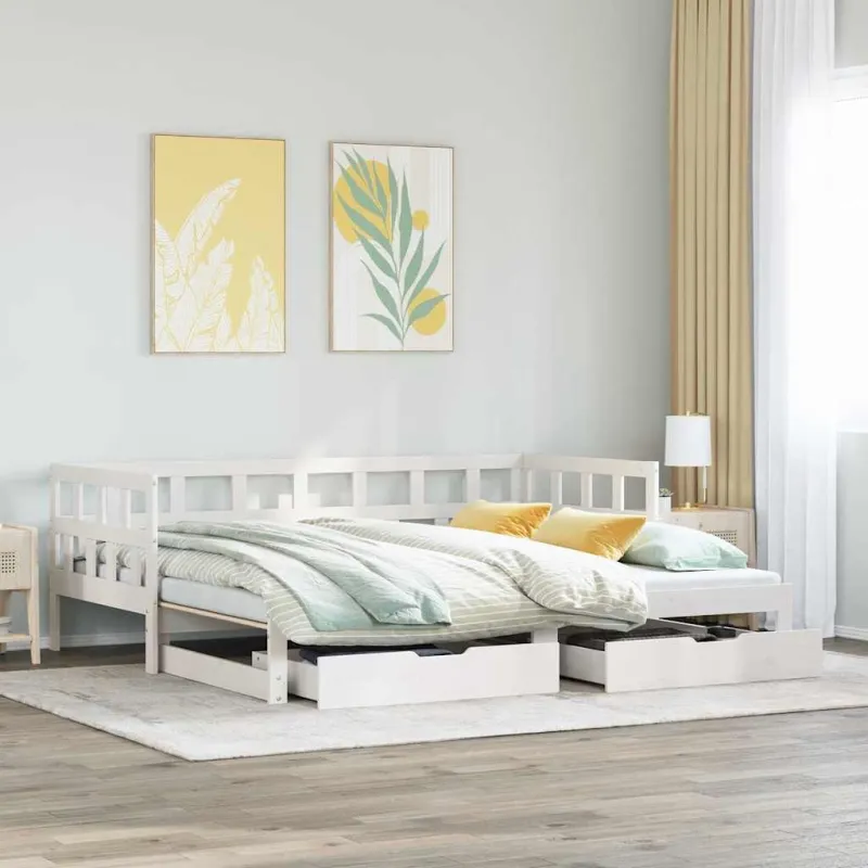 Lova su ištraukiama dalimi/stalčiais be čiužinio balta 90x200cm