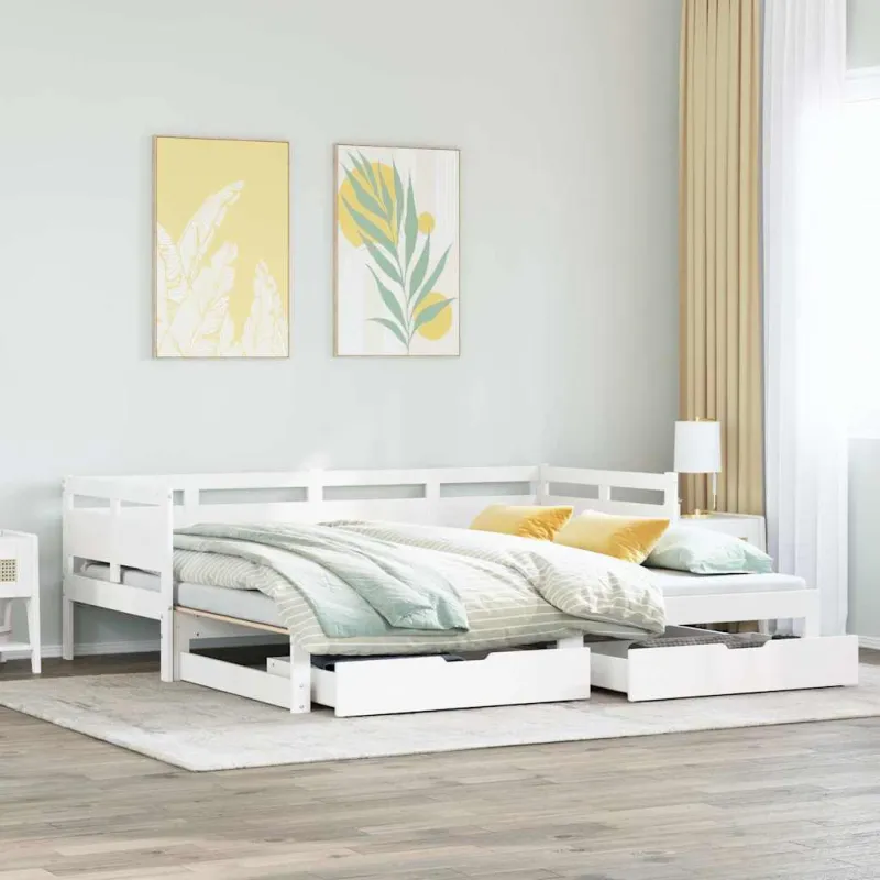 Lova su ištraukiama dalimi/stalčiais be čiužinio balta 90x190cm