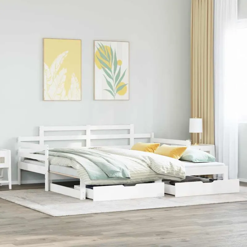 Lova su ištraukiama dalimi/stalčiais be čiužinio balta 90x200cm