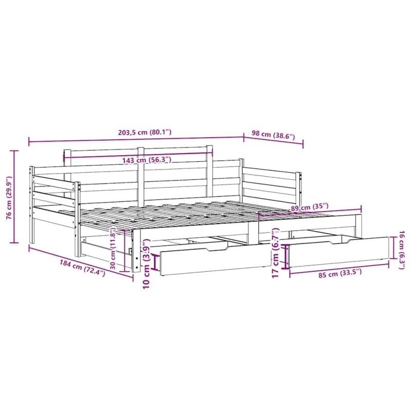 Lova su ištraukiama dalimi/stalčiais be čiužinio balta 90x200cm